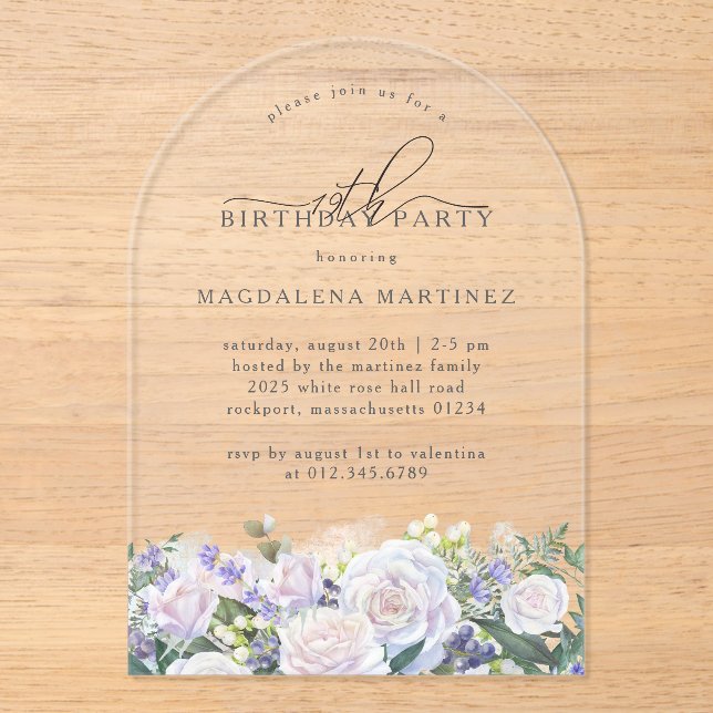 19th Birthday Party White Blue Floral Arch Acrylic Invitations (Front)