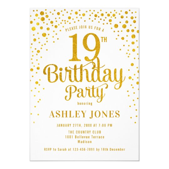 19th Birthday Party - White & Gold Invitation | Zazzle.com