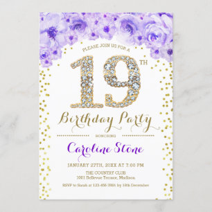 19th Birthday Party - White Gold Purple Invitation
