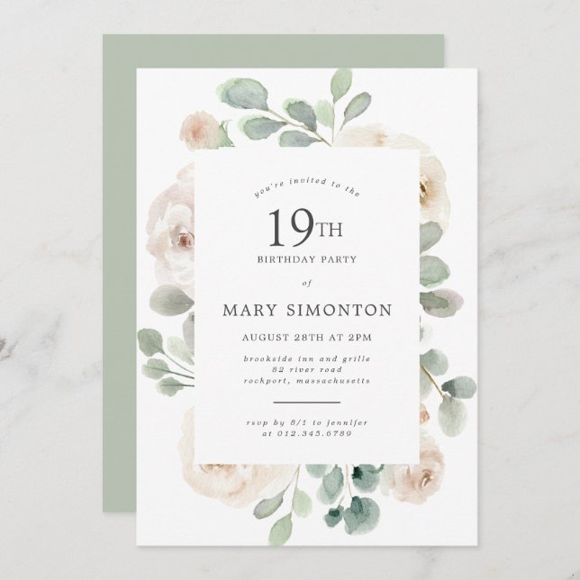 19th Birthday Party White Rose Floral Invitation (Front/Back)