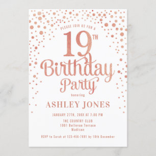 19th Birthday Party - White & Rose Gold Invitation