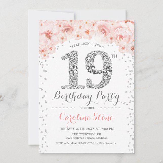 19th Birthday Party - White Silver Pink Invitation (Front)