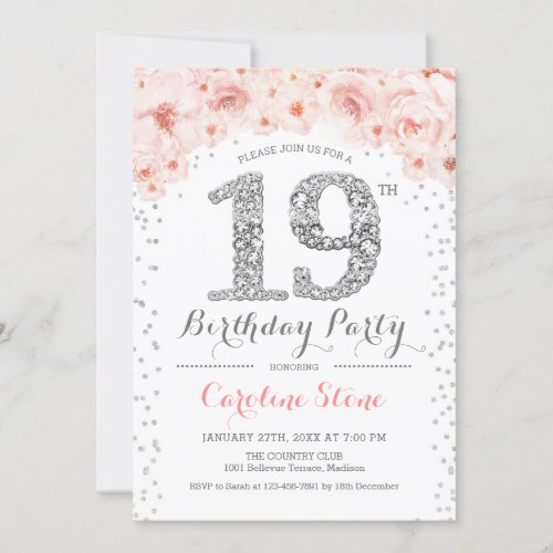 19th Birthday Party _ White Silver Pink Invitation