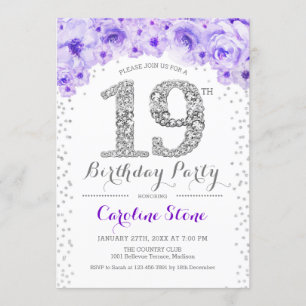 19th Birthday Party - White Silver Purple Invitation