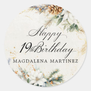 19th Birthday Party White Winter Floral Custom Classic Round Sticker