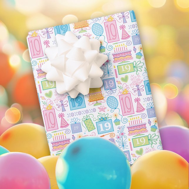 19th Birthday Pastel Pink Cake Presents Balloons Wrapping Paper Sheets (Creator Uploaded)