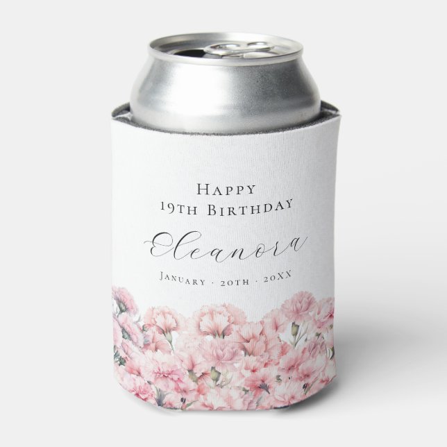 19th Birthday Pink Carnation January Birth Flower Can Cooler (Can Front)
