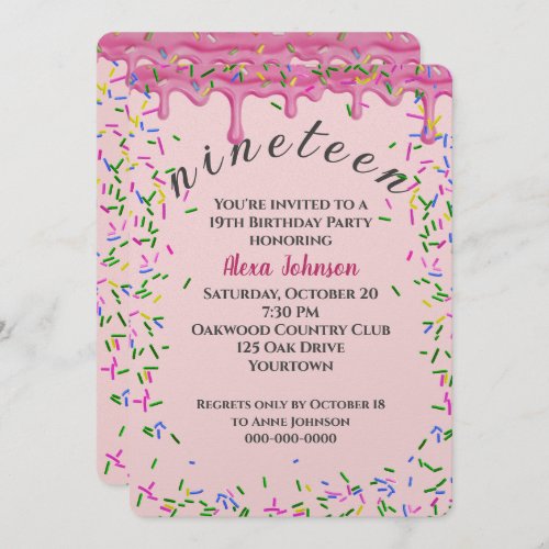 19th Birthday Pink Icing And Sprinkles Invitation