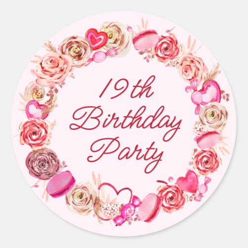 19th Birthday Pink Rose Swirly Heart Envelope Classic Round Sticker