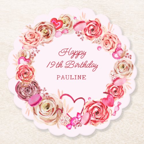 19th Birthday Pink Roses Swirly Heart Paper Coaster
