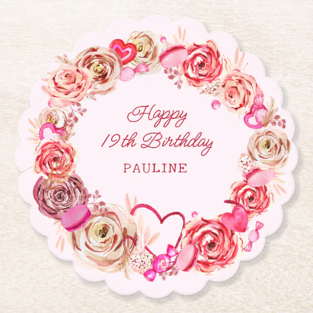 19th Roses 19th Birthday Pink Roses Swirly Heart Paper Coaster | Zazzle