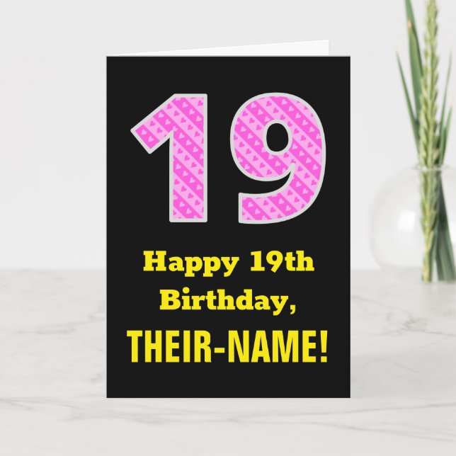 19th Birthday: Pink Stripes and Hearts "19" + Name Card (Front)