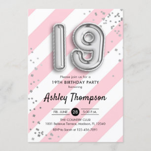 19th Birthday - Pink Stripes and Silver Balloons Invitation