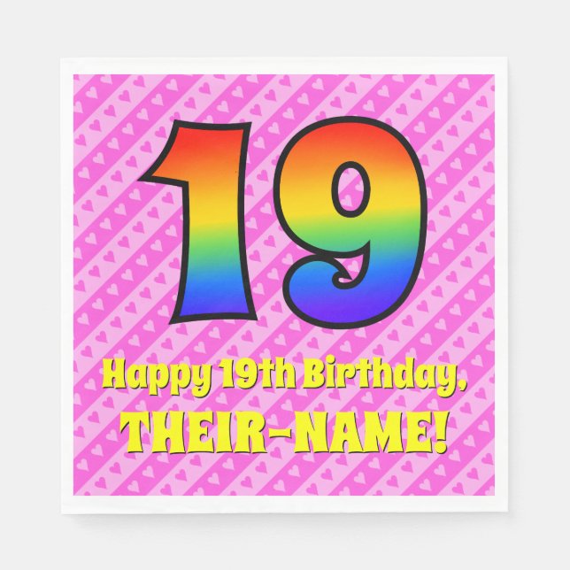 19th Birthday: Pink Stripes & Hearts, Rainbow # 19 Napkins (Front)