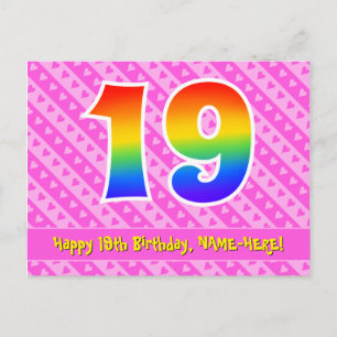19th Birthday: Pink Stripes & Hearts, Rainbow 19 Postcard