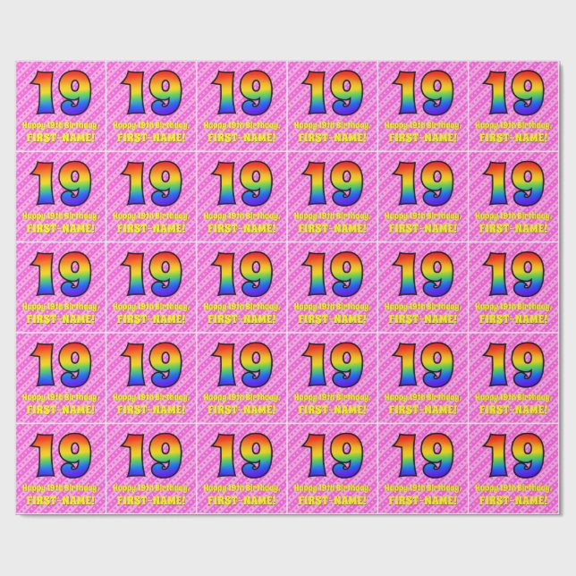 19th Birthday: Pink Stripes & Hearts, Rainbow # 19 Wrapping Paper (Flat)
