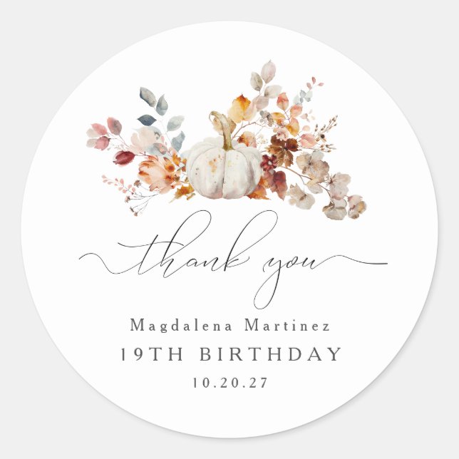 19th Birthday Pumpkin Fall Flower Thank You Classic Round Sticker (Front)