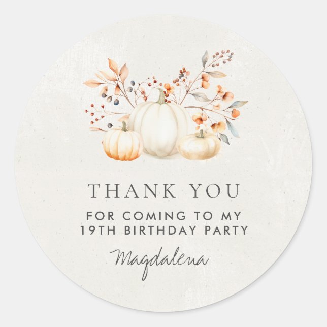 19th Birthday Pumpkin Thank You Favor Classic Round Sticker (Front)
