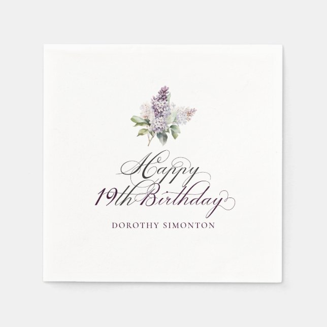 19th Birthday Purple Lilac Spring Flower Cocktail Napkins (Front)