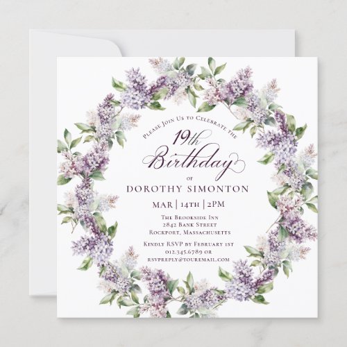 19th Birthday Purple Lilac Spring Flower Square Invitation