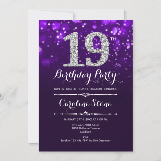19th Birthday - Purple Silver Invitation (Front)