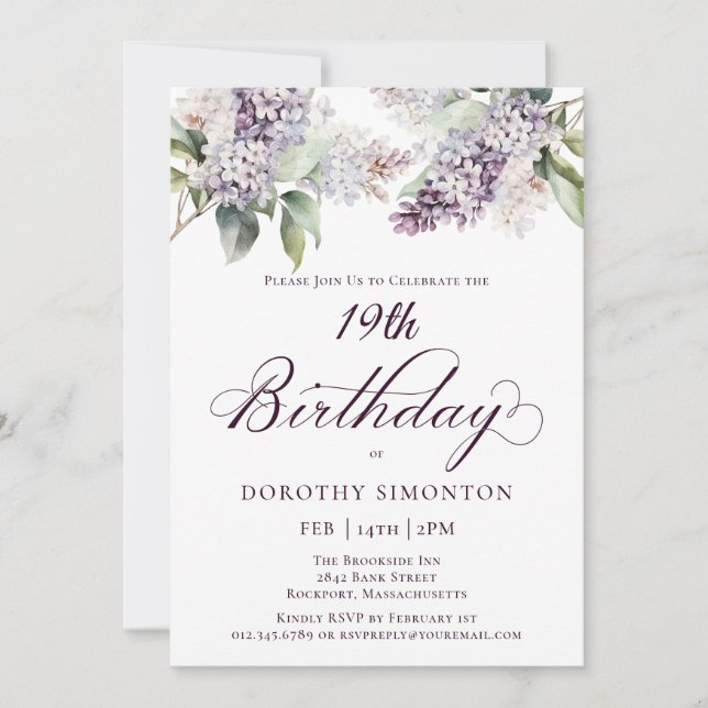 19th Birthday Purple Spring Lilac Flower Invitation (Front)