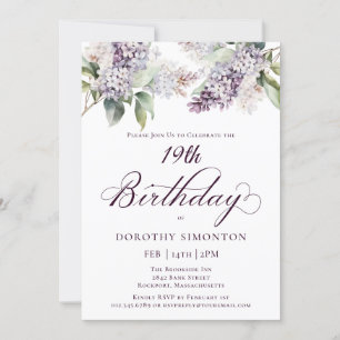 19th Birthday Purple Spring Lilac Flower Invitation