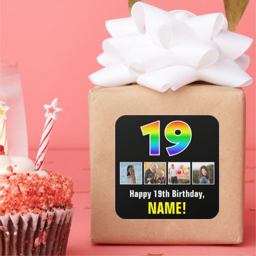 19th Birthday Rainbow 19 Custom Photos  Name Square Sticker