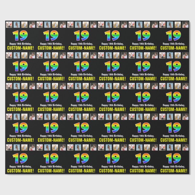 19th Birthday: Rainbow “19“; Custom Photos & Name Wrapping Paper (Flat)