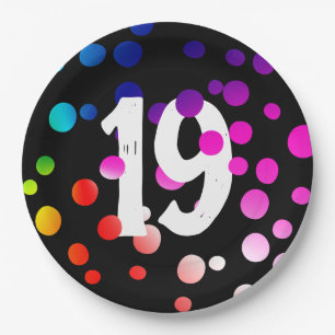 19th Birthday Rainbow Dots on Black Paper Plates