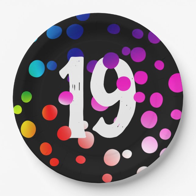 19th Birthday Rainbow Dots on Black Paper Plates (Front)