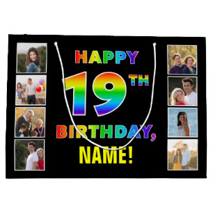 19th Birthday: Rainbow Text, Custom Photos & Name Large Gift Bag