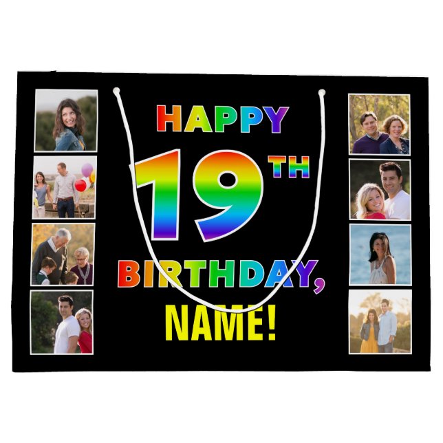 19th Birthday: Rainbow Text, Custom Photos & Name Large Gift Bag (Back)