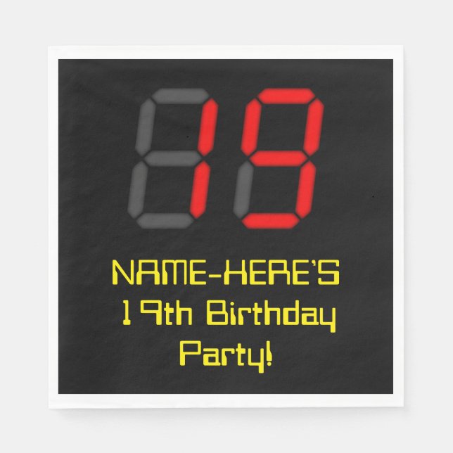 19th Birthday: Red Digital Clock Style "19" + Name Napkins (Front)