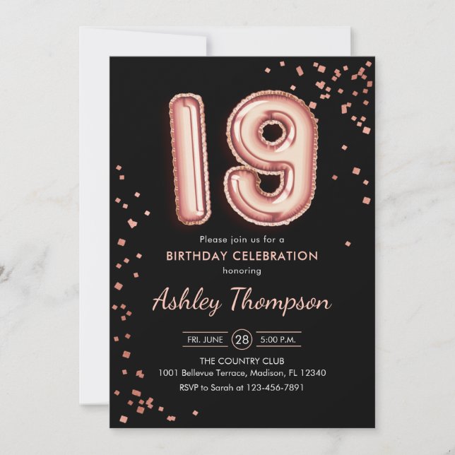 19th Birthday - Rose Gold Balloons Black Invitation (Front)