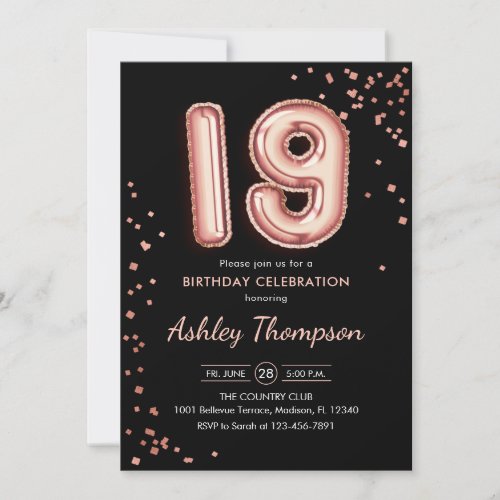 19th Birthday _ Rose Gold Balloons Black Invitation