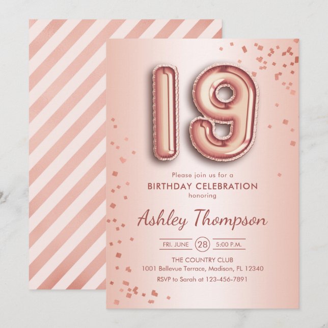 19th Birthday - Rose Gold Balloons Invitation (Front/Back)