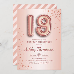 19th Birthday - Rose Gold Balloons Invitation