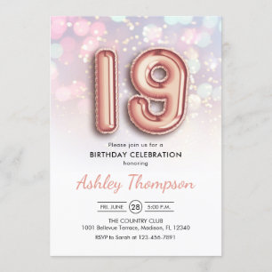 19th Birthday - Rose Gold Balloons Pink Lights Invitation