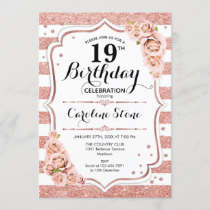 19th Birthday - Rose Gold White Stripes Invitation