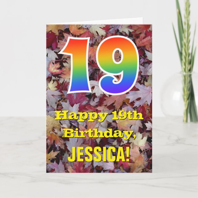 19th Birthday; Rustic Autumn Leaves; Rainbow "19" Card (Front)
