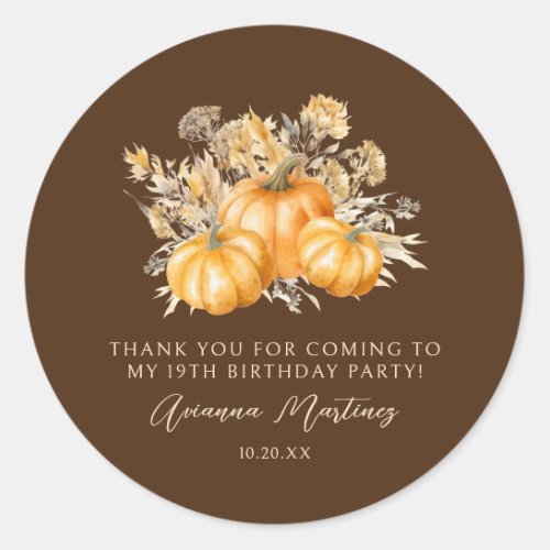 19th Birthday Rustic Pumpkin Fall Thank You Favor Classic Round Sticker