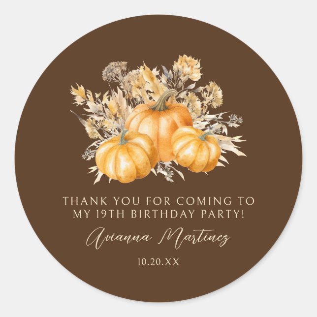 19th Birthday Rustic Pumpkin Fall Thank You Favor Classic Round Sticker (Front)