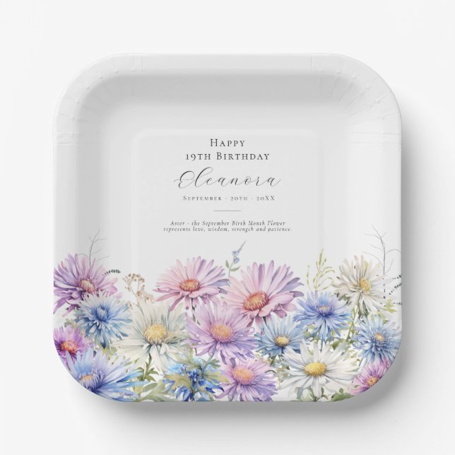19th Birthday September Birth Flower Paper Plates (Front)