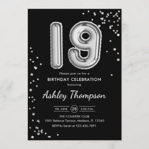 19th Birthday - Silver Balloons Black Invitation