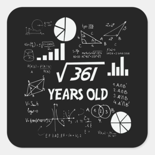 19th Birthday Square Root Math 19 Years Old Bday Square Sticker