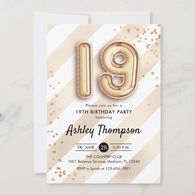 19th Birthday - Stripes Gold Balloons Invitation (Front)
