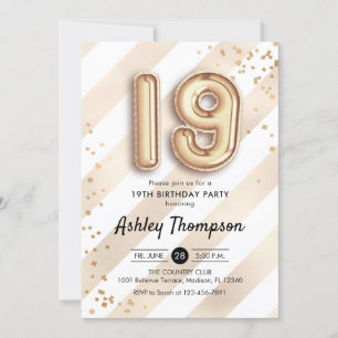 19th Birthday - Stripes Gold Balloons Invitation