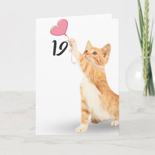 19th birthday tabby cat with heart balloon card (Front)