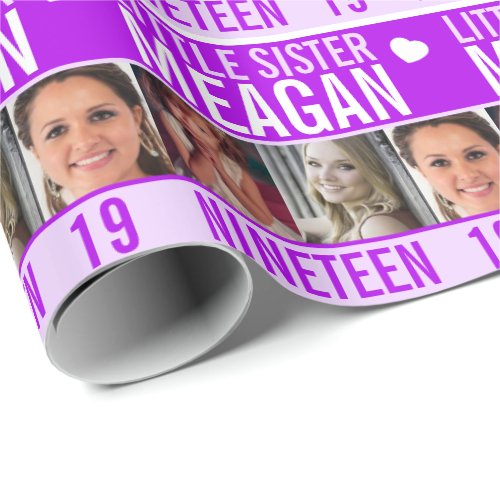 19th birthday three photos purple little sister wrapping paper